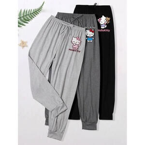 2 Pairs Womens Hello Kitty Joggers Pants Stretch Sweatpants, Plus XL Gray Blac
